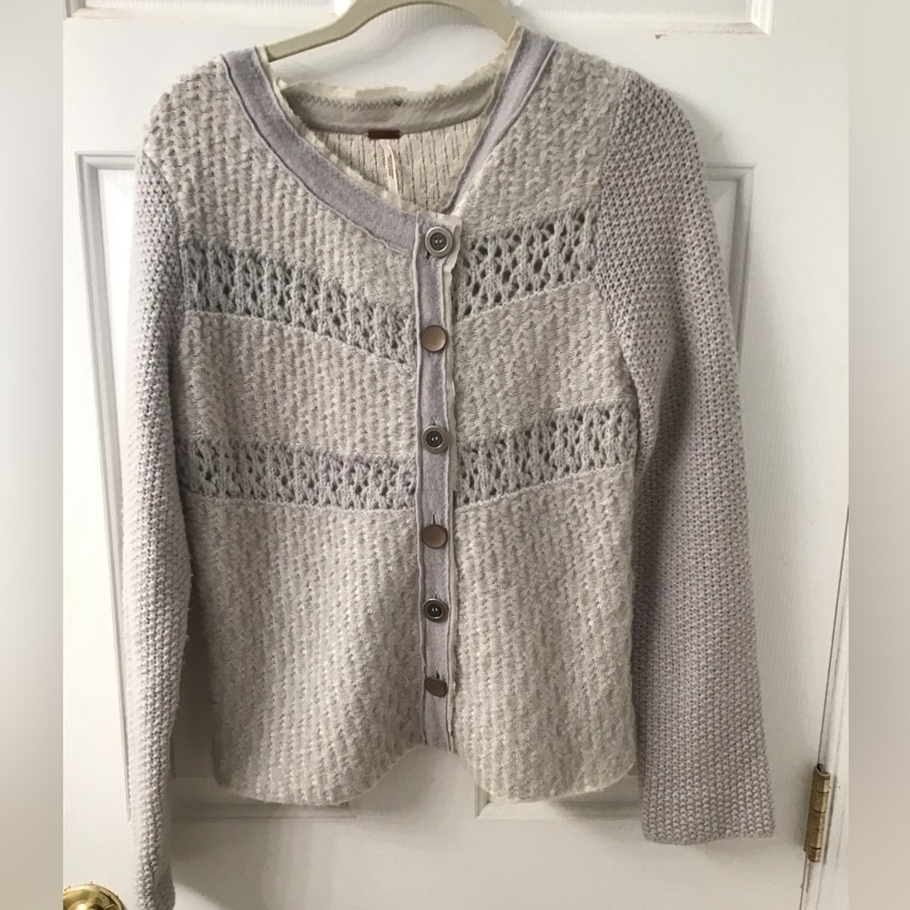 FREE PEOPLE SZ S CARDIGAN SWEATER EUC NYLON CASHMERE WOOL GREY BUTTON FRONT